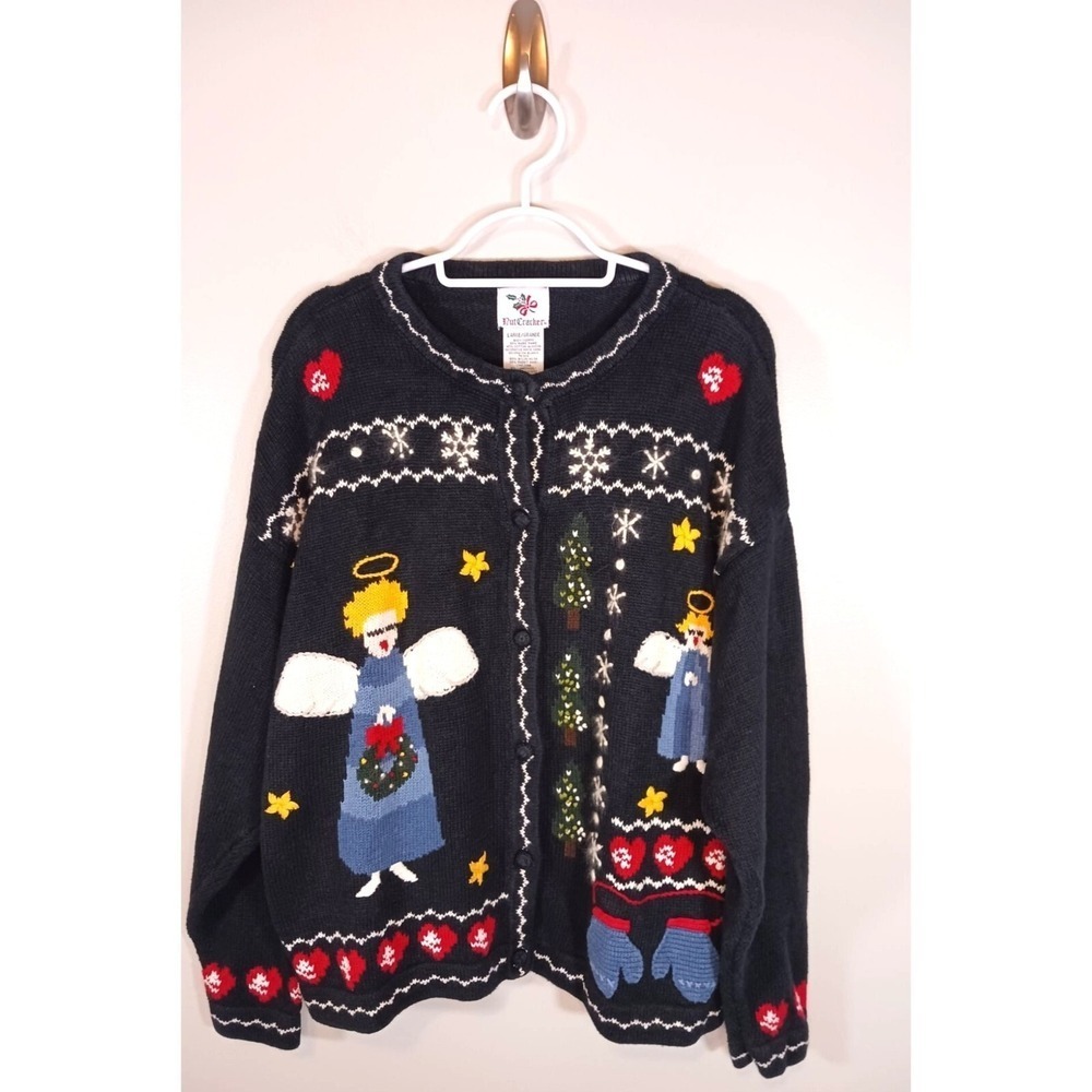 Vintage Nutcracker Angel Ugly Christmas Cardigan Sweater Wool Blend Women's L